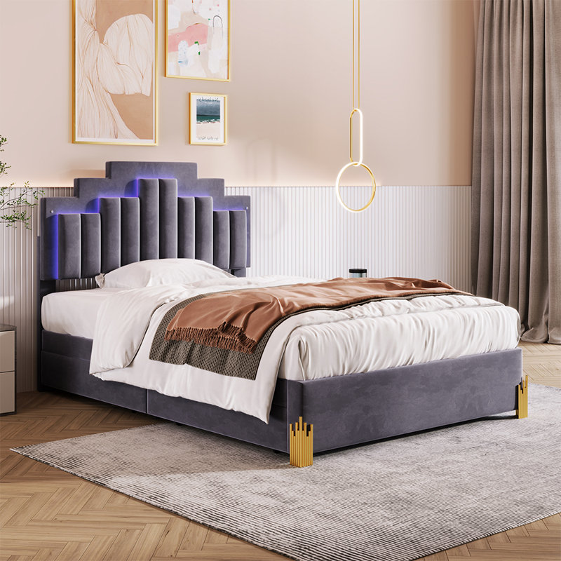 Lit plateforme tapissier Issah, Double, Gris
