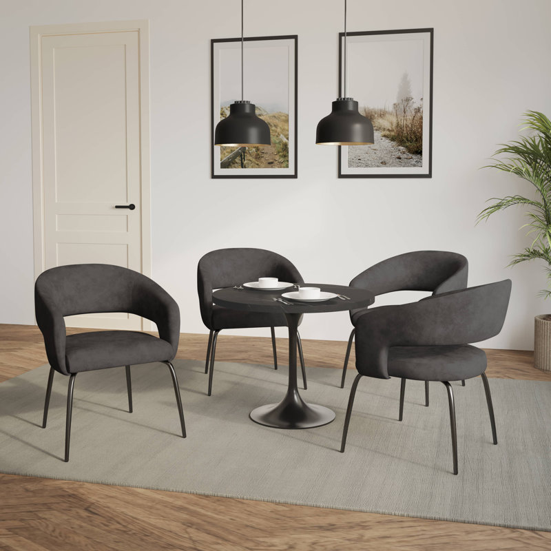 Halesworth 5-Piece Dining Set With 36" Round Dining Table In Black MDF Top And 4 Upholstered Dining Chairs, Charcoal