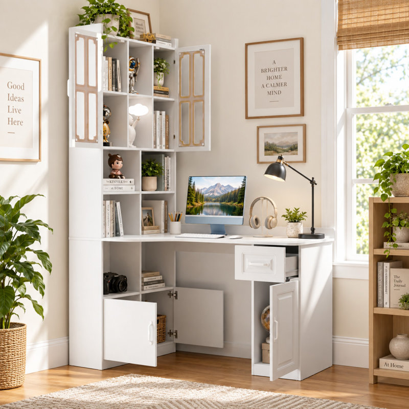 Bureau d'ordinateur de coin en L 2 en 1 avec tiroirs, huche et bibliothèque, Blanc