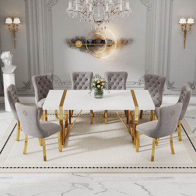 Dining Table Set for 8, Kitchen Table and Faux Leather Dining Chairs Set of 8, 9 Piece Dining Room Table Set