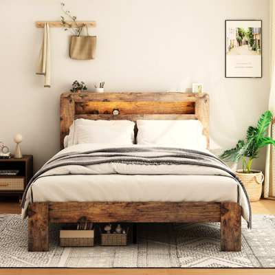 Full Size Bed Frame With Storage Led Headboard, 2 Ports, Noise , No Box Spring Needed, Easy Assembly, Large Under Storage, Dark Brown Wood Platform , Spring, Vintage Shelf
