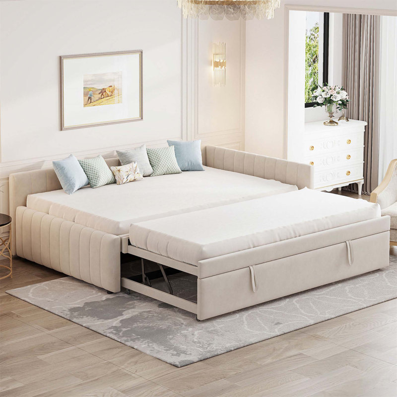 Full Size L-Shaped Upholstered Daybed with Twin Pop-Up Trundle for Extra Sleeping Space and Modern Comfort., Beige