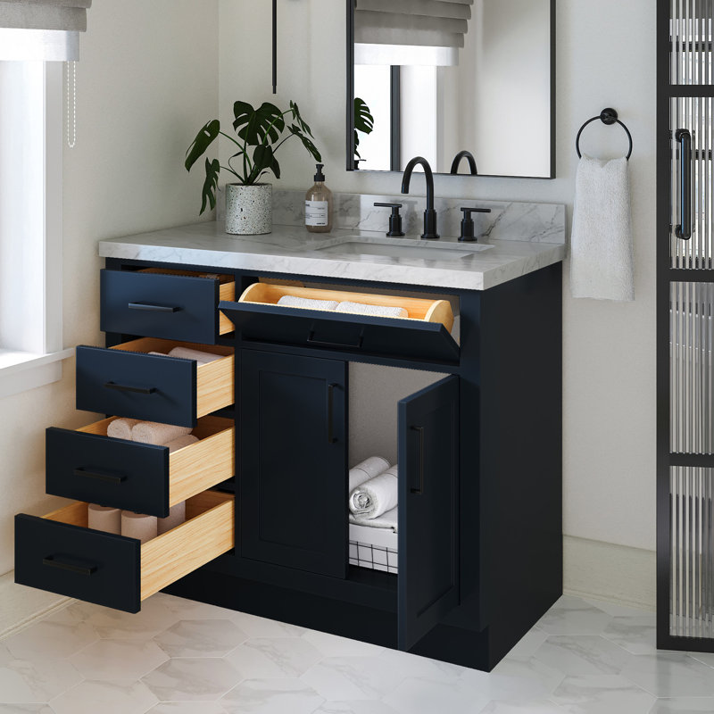 Meuble-lavabo simple en bois massif Tidworth de 42 po avec plateau en marbre de Carrare de 1,5 po, Oui, Forme rectangulaire
