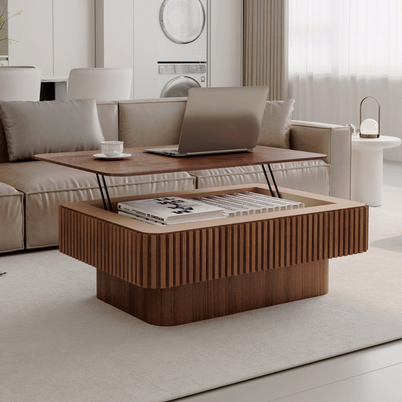 Table basse à plateau relevable cannelé de 38,6 po avec rangement et table basse moderne en placage de bois massif à hauteur réglable pour salon, chambre à coucher, appartement ou bureau