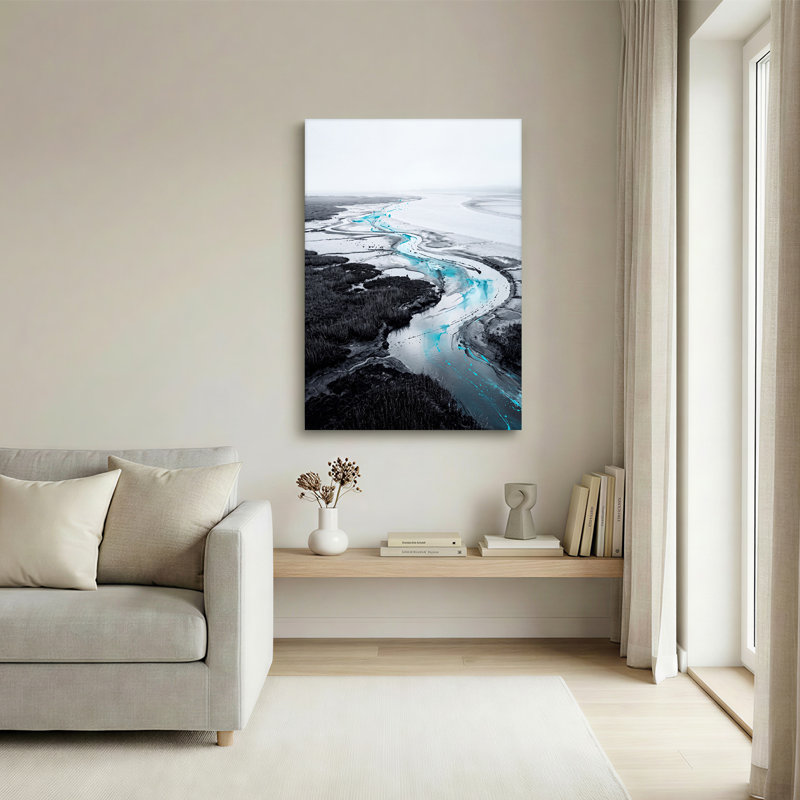 «Winding River with Cyan Water In Grayscale Marshland», art mural, 18"H x 12"W