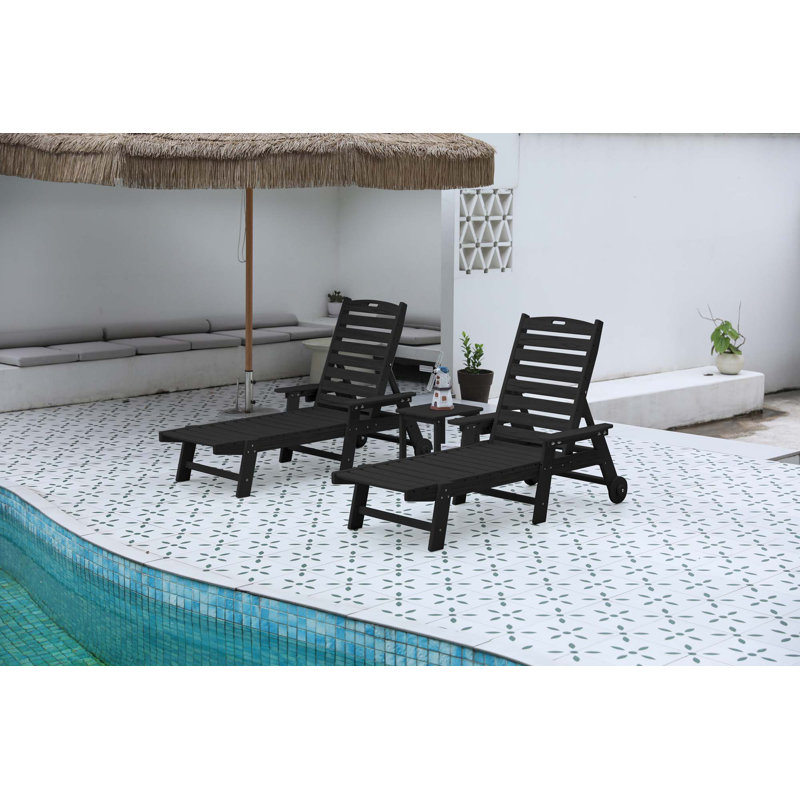Lounge Chair With Side Table, 3-Piece Oversized Chaise Lounge Chair Set,All Weather Patio Lounge Chair With 5 Positions, Wheels & Cup Holder