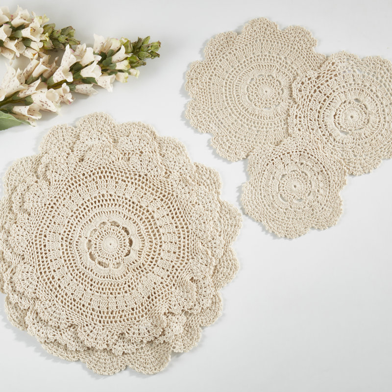Ensemble de 4 napperons en coton faits à la main beige au crochet, Rond 6 po 
