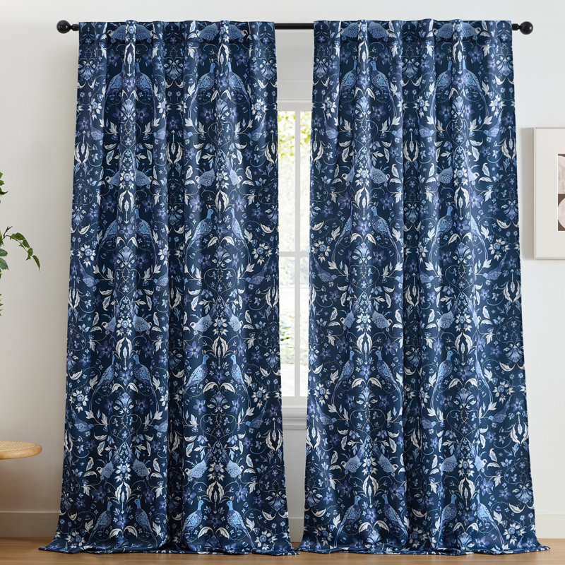 HLC.ME Florence Floral & Birds Patterned Window Back Tab Rod Pocket Curtains Bedroom - Light Blocking Darkening Window Panels, Set of 2 (Indigo Blue, 52 W x 108 L)