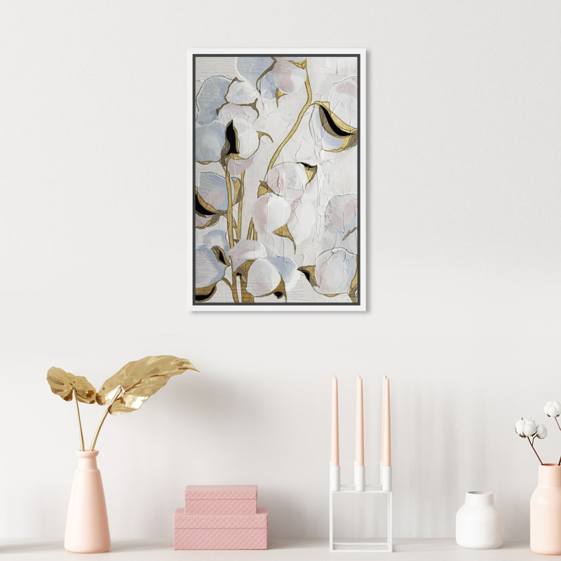 Tige dorée florale, fleurs de coton blanc moderne - peinture sur toile, H 15 po x l 10 po x P 1,75 po