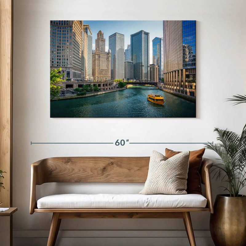 Bateau sur la rivière Sireci, Chicago, H 32 po x l 48 po