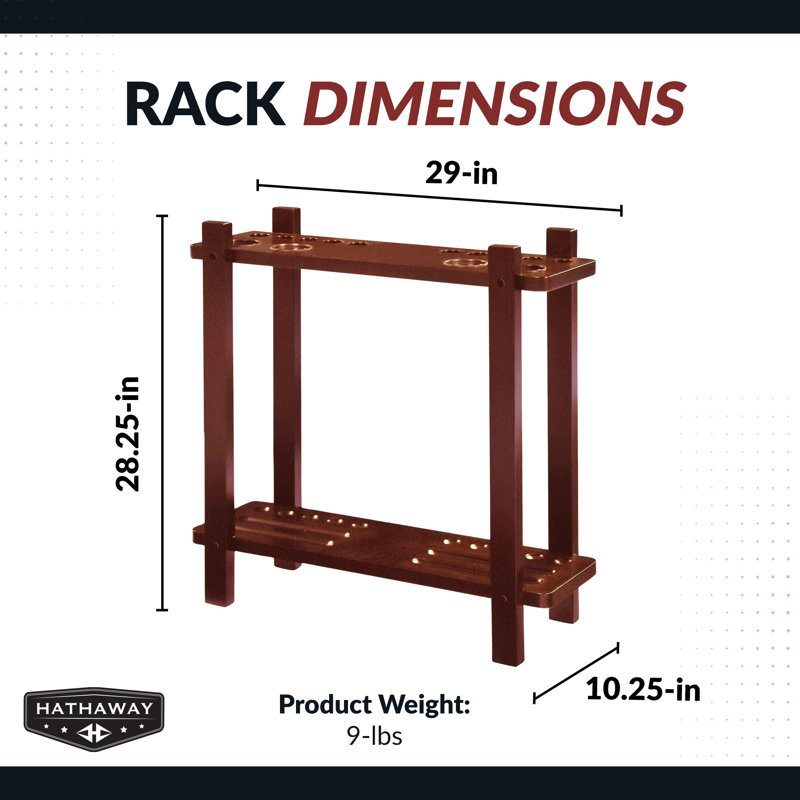 Hathaway Classic 28-in Floor Pool Cue Rack – Solid Wood Billiard Cue Rack with Built-In Drink Holders, Triangle Hook & Scratch-Resistant Finish – 10 Pool Stick Holder & Full Ball Set – Walnut