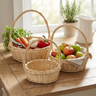 Corinthia Set of 3 Round Willow Carrying Baskets with Handles for Gift Baskets and Home Décor