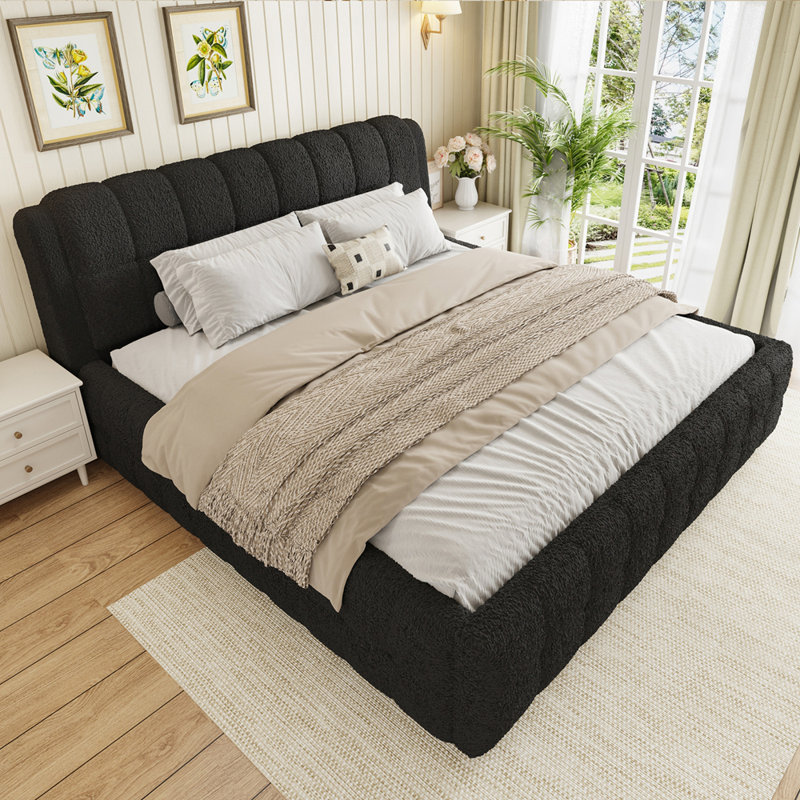 King Size Upholstered Platform Bed, Black, King