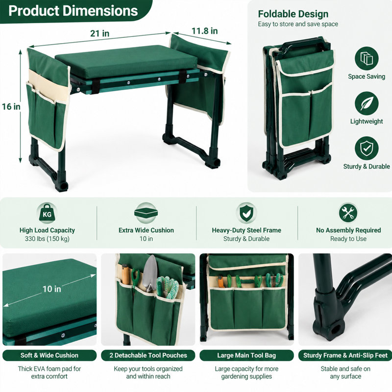 Banc de jardin pliable avec siège à genoux et siège avec coussin EVA extra large et 3 pochettes à outils