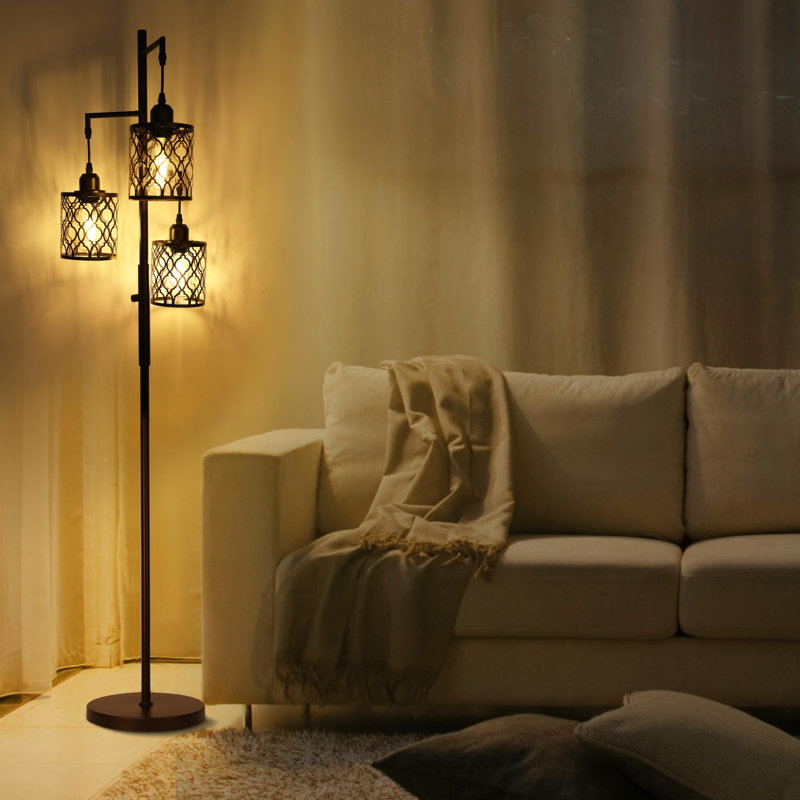 3-Light Floor Lamp, Dimmable With Foot Switch, Industrial Hanging Cages, LED Bulbs Included, White, White