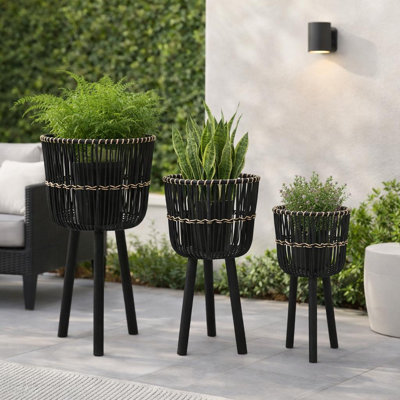 Ensemble de 3 jardinières Mesy sur pieds en bambou noir tissé 11/13/15 po
