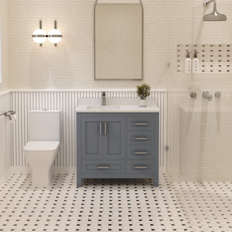 Rooh 36'' Single Bathroom Vanity with White Quartz Top, Gray