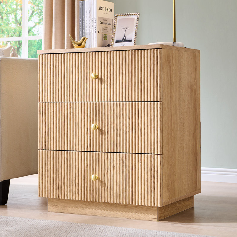 Aberdeen Fluted Night Stand with Charging Station, 21.65" Nightstand with Drawer, 3 Drawer Dresser for Bedroom, 1, Natural