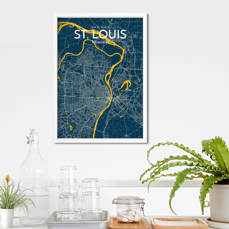 St. Louis City Map, impression, H 27,6 po x l 19,7 po, Bleu / jaune