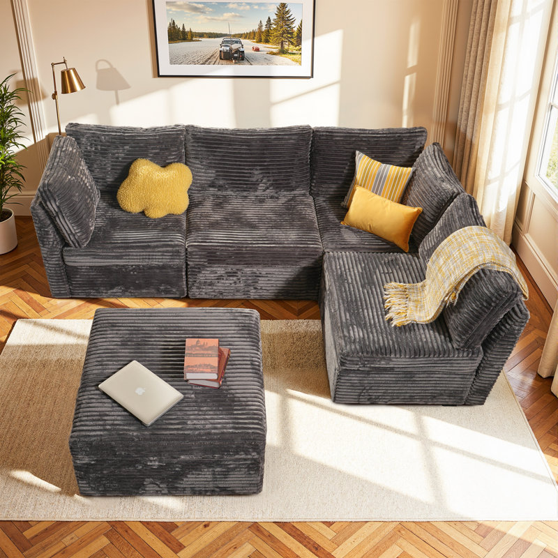 Hogle 95.05'' Modular L-Shaped Sectional Plush Corduroy Sofa With Movable Ottoman, Gray Plush Corduroy