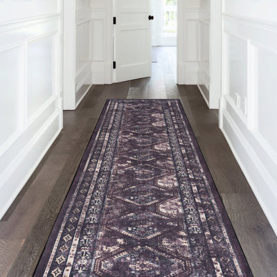 Washable Area Rug Runner 2'6''X10', Low-Pile Non-Slip For Bedroom, Kitchen, Dining Room, Living Room - Burgundy/Black Non-Shedding Burgundy Black