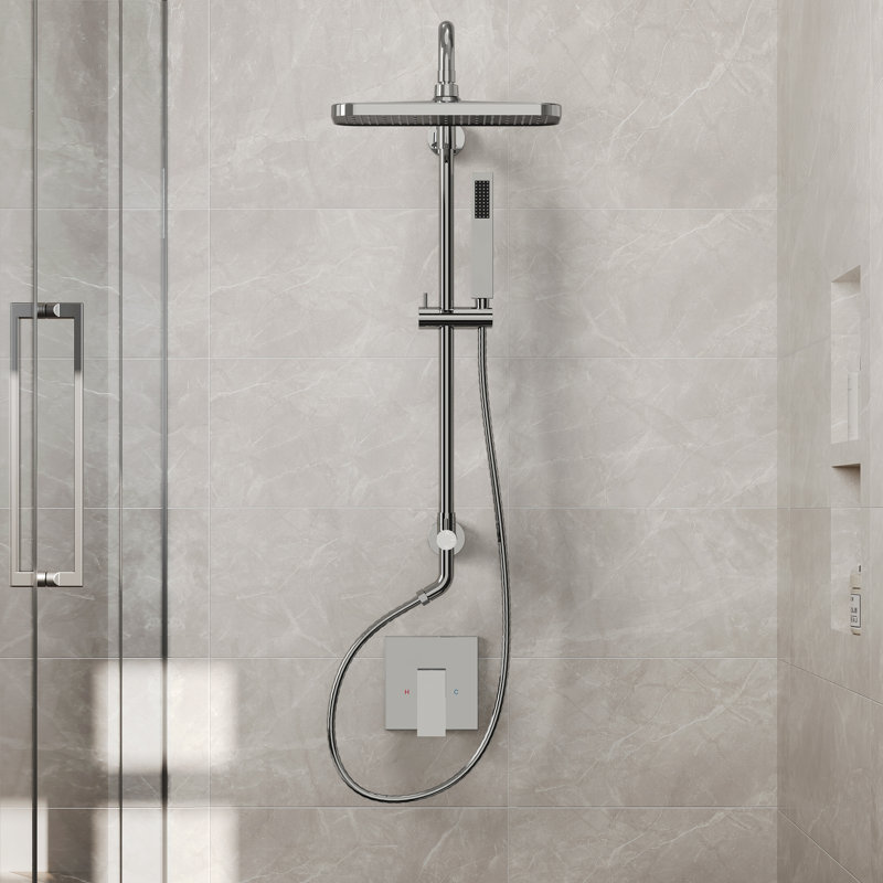 Système de douche mural à pression équilibrée, pomme de douche pluviale 13 po avec douchette coulissante, Chrome chrome
