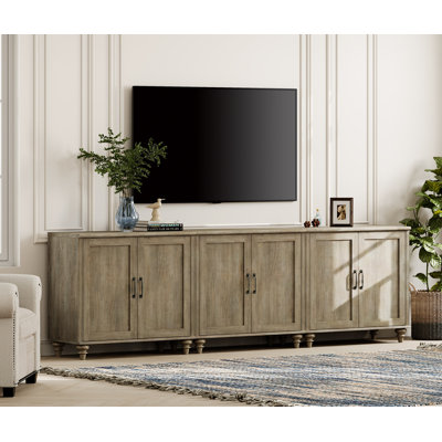 Scarlett TV Stand For 100 Inch TV Inch TV, 3-In-1 TV Console Table For 75/80/85/90 Inch TV, Entertainment Center With 6 Wood Doors, Wash Gray