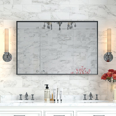 Miroir noir brillant de 40 po x 30 po pour la salle de bain - Cadre rectangulaire en métal avec rebord biseauté, reflet transparent et antirouille, installation facile avec cadre de meuble-lavabo rectangulaire solide, peu importe l'endroit