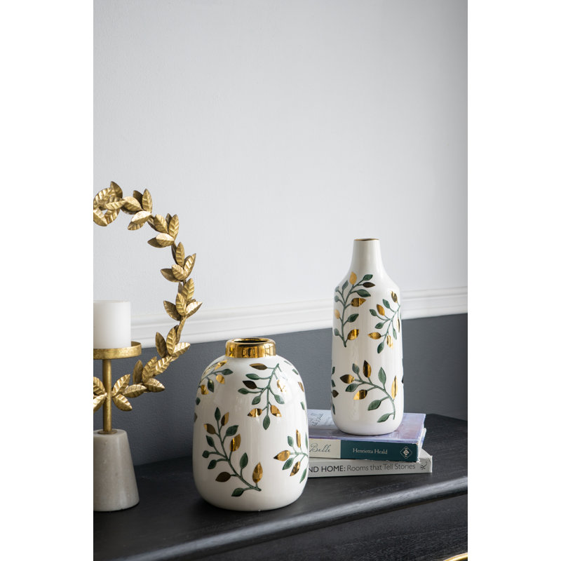 Flower Vase - 4.5" x 4.5" x 12" - Green/Gold/White