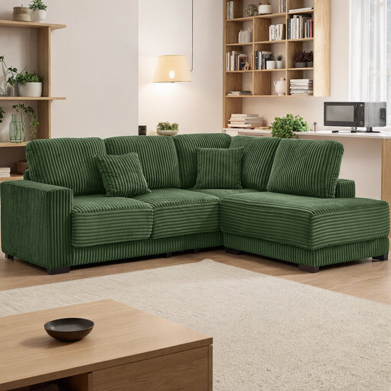Canapé modulaire en L 93 po avec méridienne réversible, canapé rembourré en velours côtelé doux avec structure en bois massif et coussins à ressorts hélicoïdaux pour le salon et les appartements