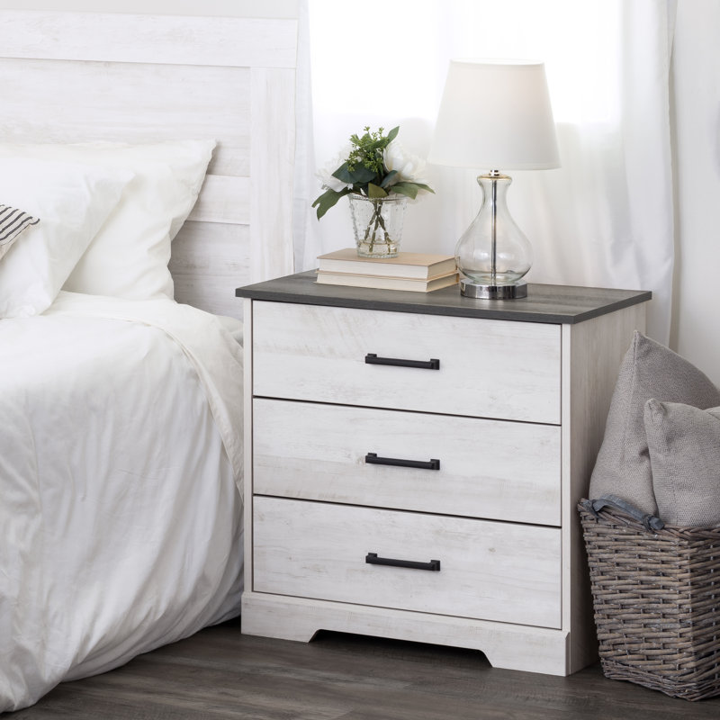 Table de chevet à 3 tiroirs, table de bout à 3 tiroirs Yazeed, rangement pour chambre à coucher, bureau, salon, l 16,5 po x l 27,5 po x H 26,75 po, blanc délavé Yazeed