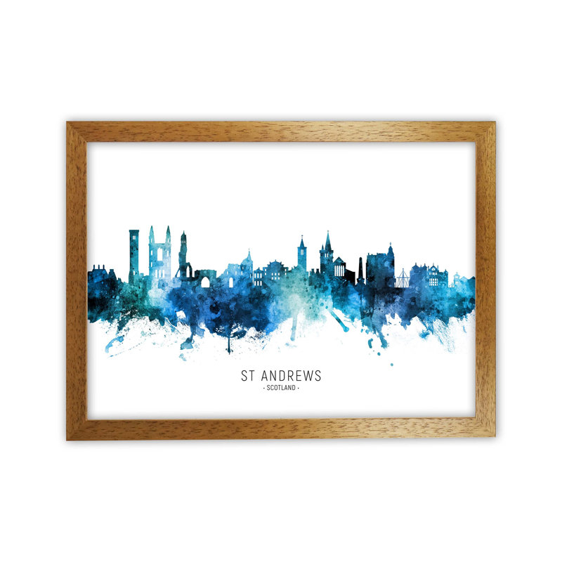 St Andrews Scotland Skyline Blue City Name by Michael Tompsett - Print, Oak Framed, 34cm H x 46cm W x 3cm D