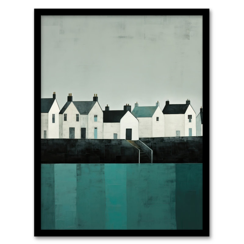 Scottish Harbour Morning Grey Sky Quiet Sea Town Painting - Single Picture Frame Print