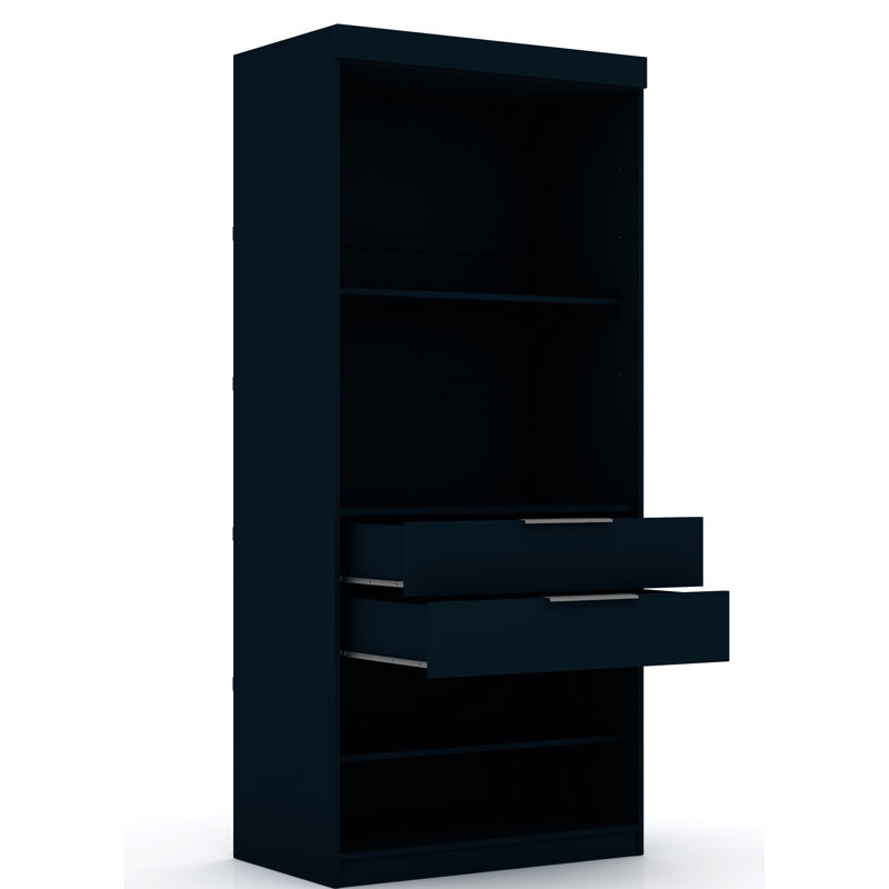 Garde-robe d'angle ouvert Mulberry avec tringles suspendues, tiroirs et tablettes réglables, Bleu minuit Tatiana