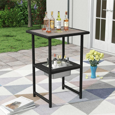 Wicker Table With Ice Bucket  Patio High Top Rattan Pub Table  Outside Tall Dining Table For Outside Deck Porch Balcony Poolside