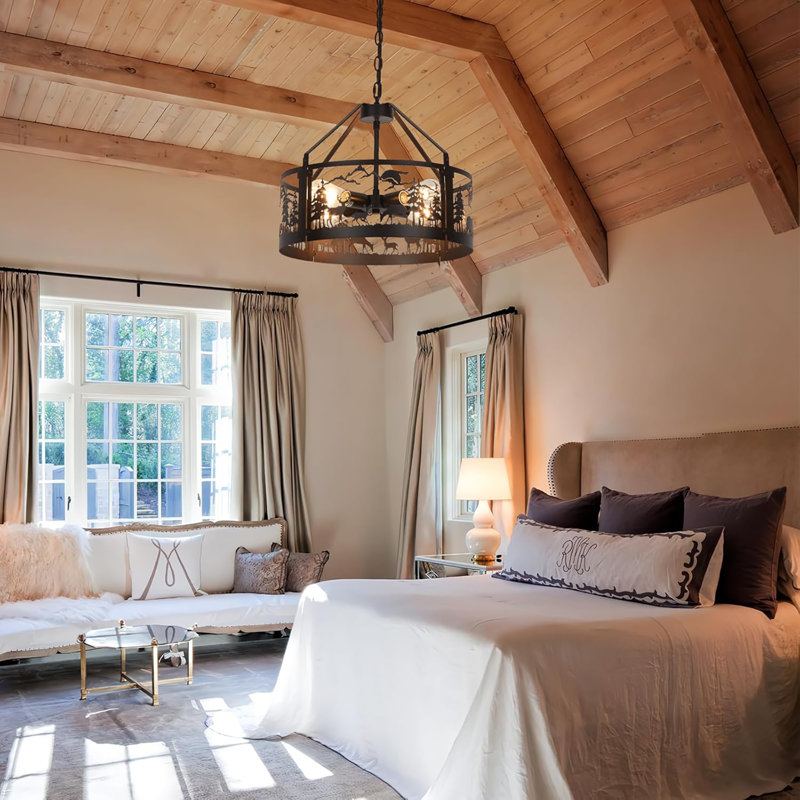 Lustre rustique de style campagnard avec un design d'ours et de cerf, luminaire suspendu de plafond réglable à 4 lumières pour la salle à manger, la cuisine, la cabane, le pavillon ou le vestibule