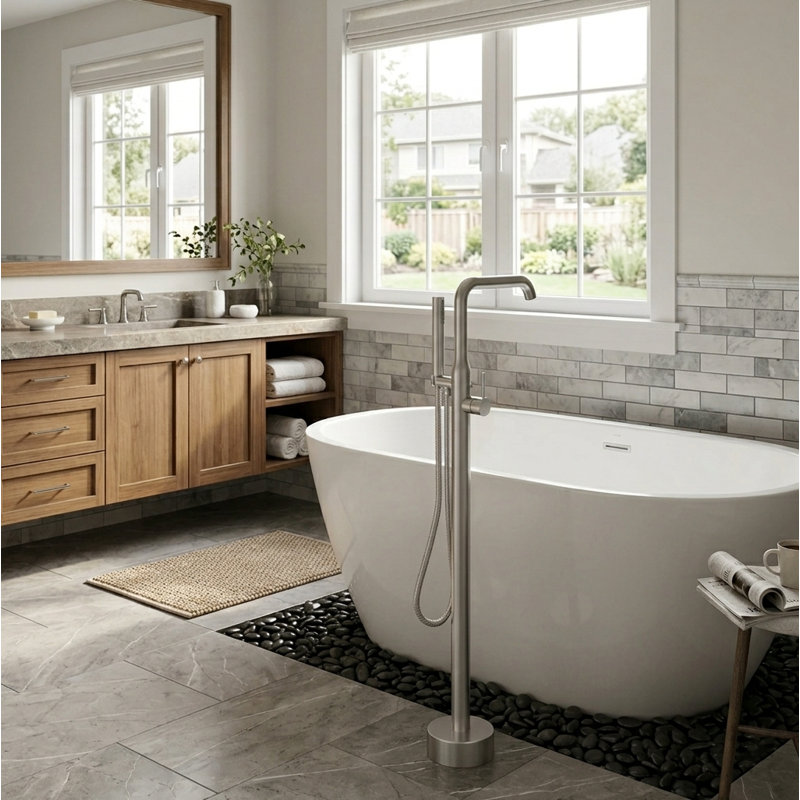 Single Handle Floor Mounted Tub Faucet, Brushed Nickel