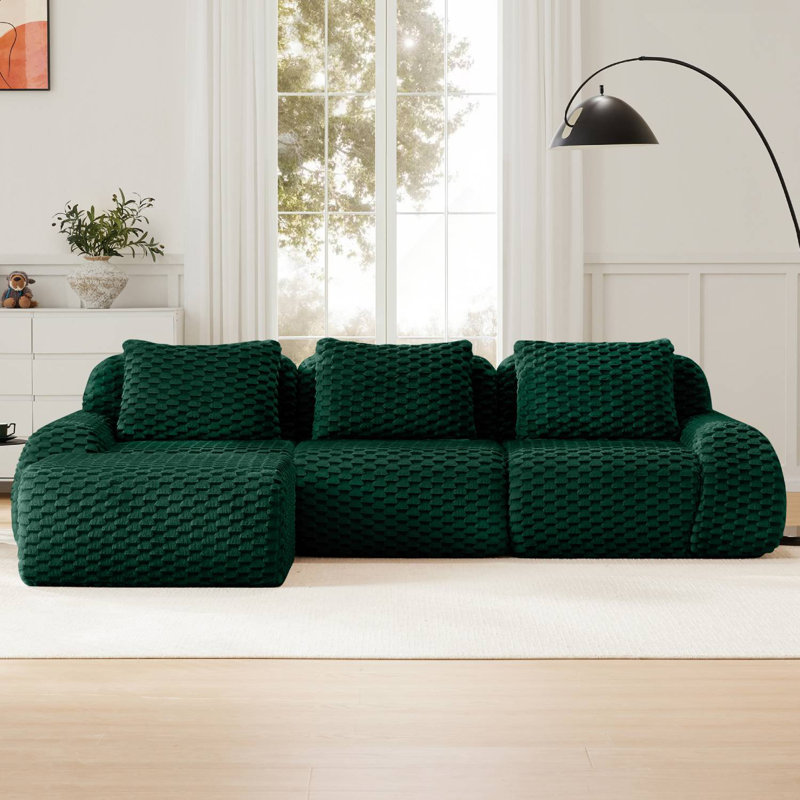 114" Flannel L-Shaped Modular Sectional With Ottoman, Green Fabric