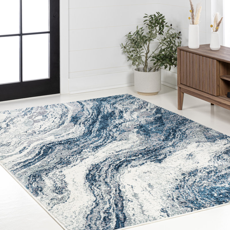 Olvin Contemporary Glam Abstract Marble Navy/Cream Rug, Rectangle 5' x 8'