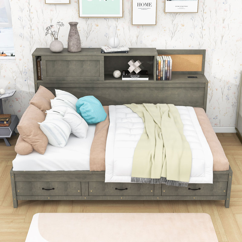 3 Drawers Wooden Daybed with Pushable Shelf, USB & Socket Charging Station, Gray, Full