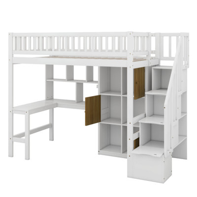Twin Size Wood Loft Bed With Built-In Desk, LED, Storage Shelves, Cabinets And Staircase, Space Saving Loft Bed Frame
