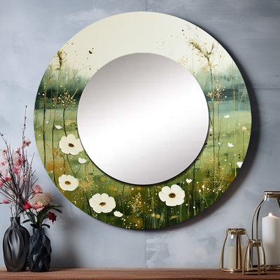 «Meadow Minimalist Pastoral Pointillism - Meadow Mirror», miroir mural rond traditionnel, impression sur métal