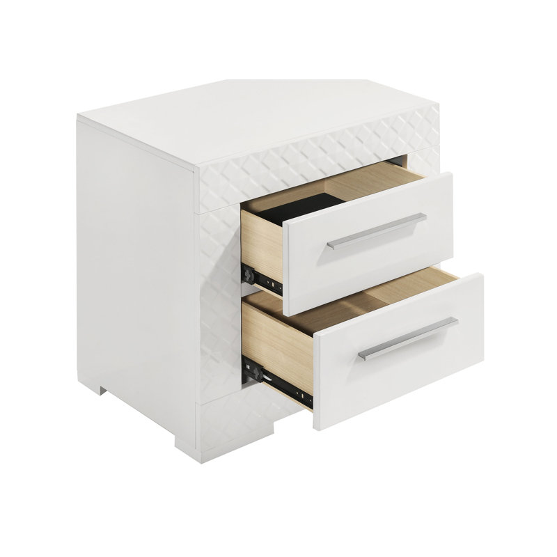 Table de chevet 2 tiroirs Rodrigue blanc brillant, Blanc