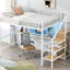 Lit mezzanine en métal blanc avec bureau, escalier de rangement, garde-robe et éclairage à DEL, structure solide pour la structure de soutien