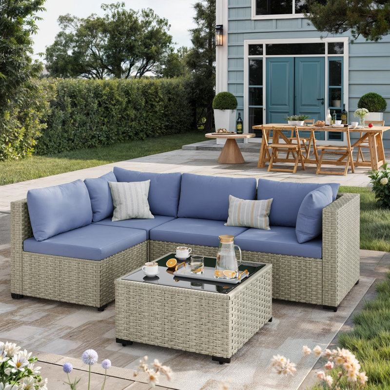 Ensemble de conversation pour patio 5 pièces en rotin avec coussins, Bleu brume