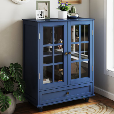 Buffet bleu minimaliste rétro avec portes en verre doubles, mécanisme de glissement en douceur et pieds en bois massif, tiroir de service moderne pour salle à manger, verre trempé brisé, entrée de cuisine
