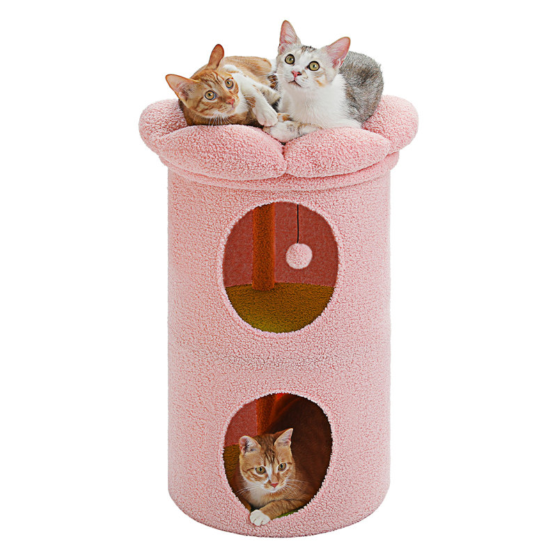 Lit pour chat à 2 niveaux pour chats d'intérieur, maisonnette pour arbre à chat avec lit à fleur amovible, lit pour chat mignon, cachette pour chat, condo pour arbre à chat pour grands chats
