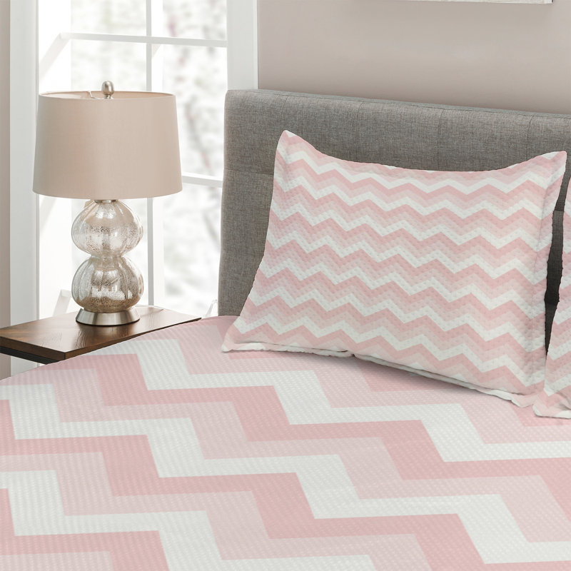 King Size Pink and White Chevron Quilted Bedspread Set