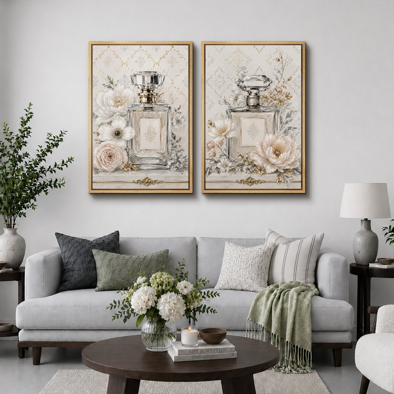 Élégante œuvre florale de bouteille de parfum, images de chambre à coucher, impression sur toile encadrée, 2 pièces