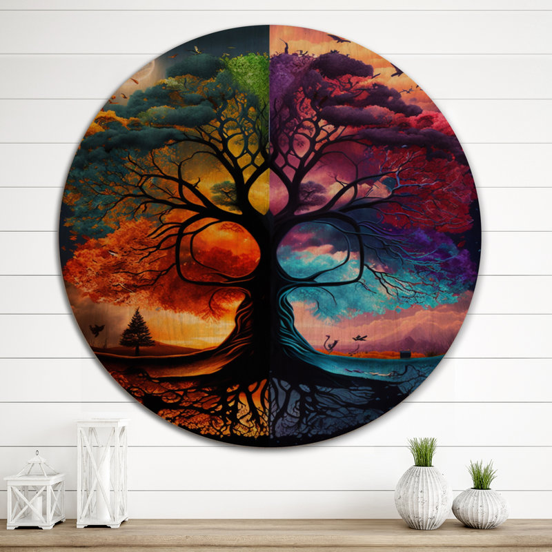 Arbre de vie, jour et nuit II - impression de forêt sur bois, H 36 po x l 36 po x P 1 po